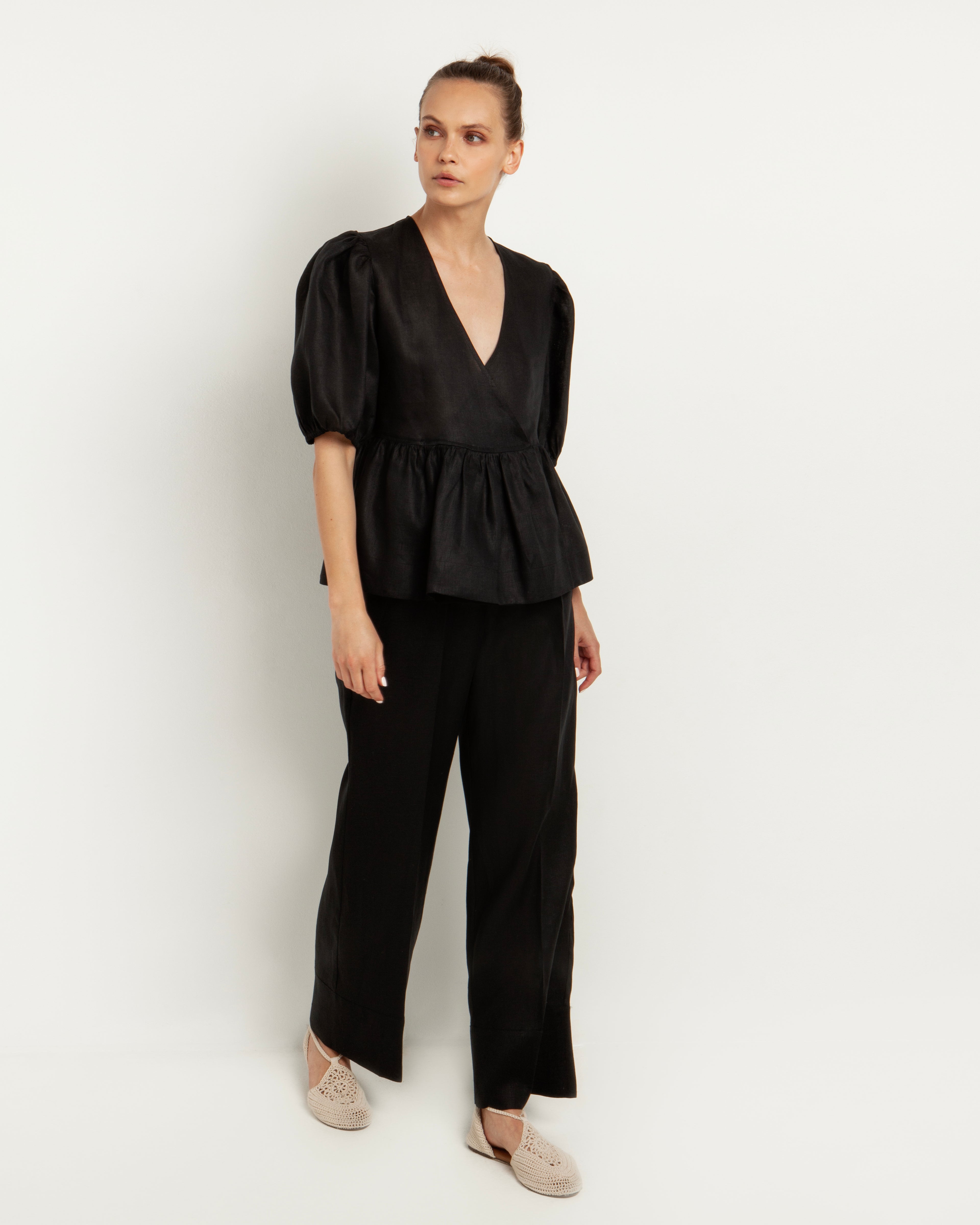 Greek Archaic Kori | trousers linen wide leg elastic waist - black