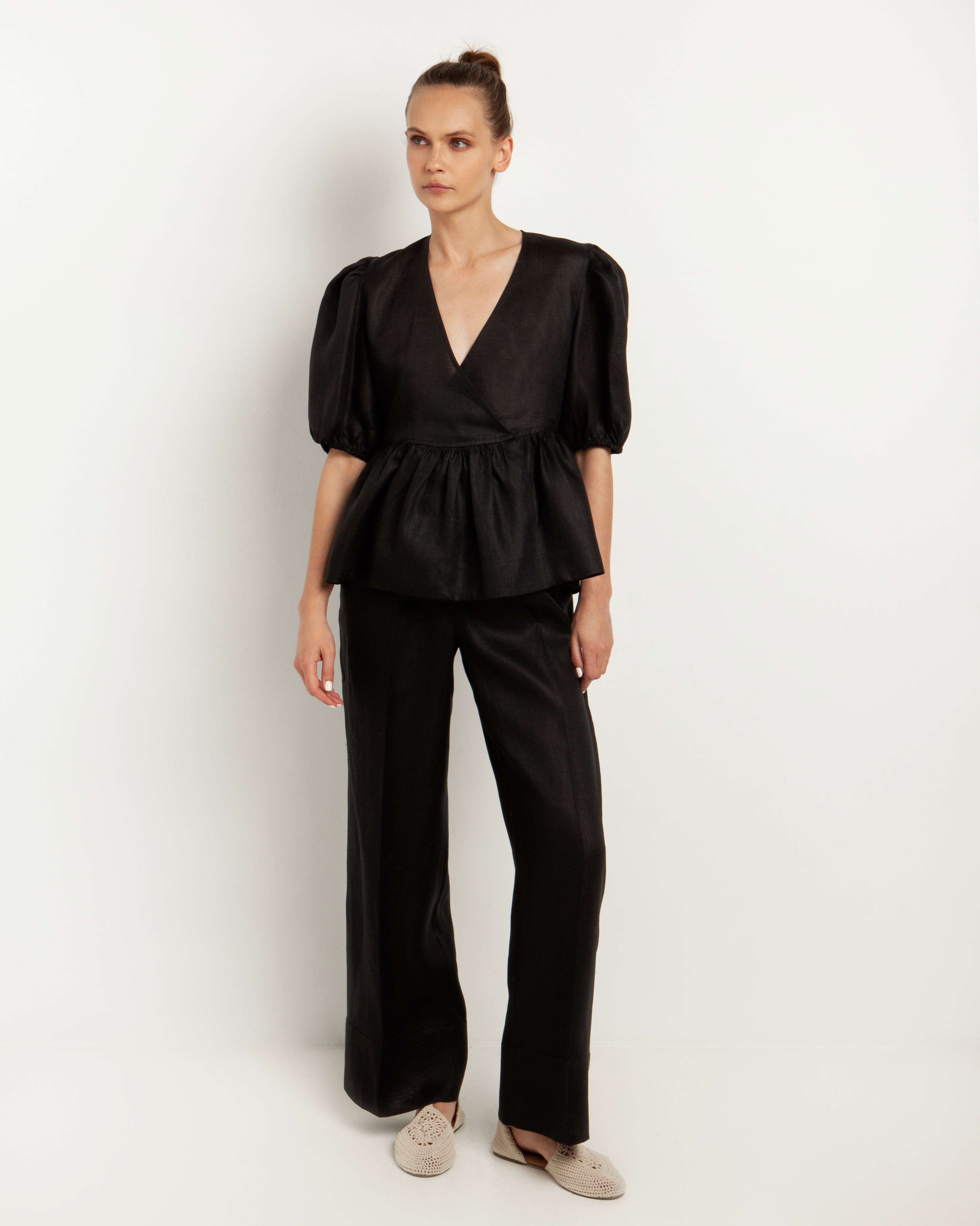 Greek Archaic Kori |  pants loose elastic waist - black -  110132