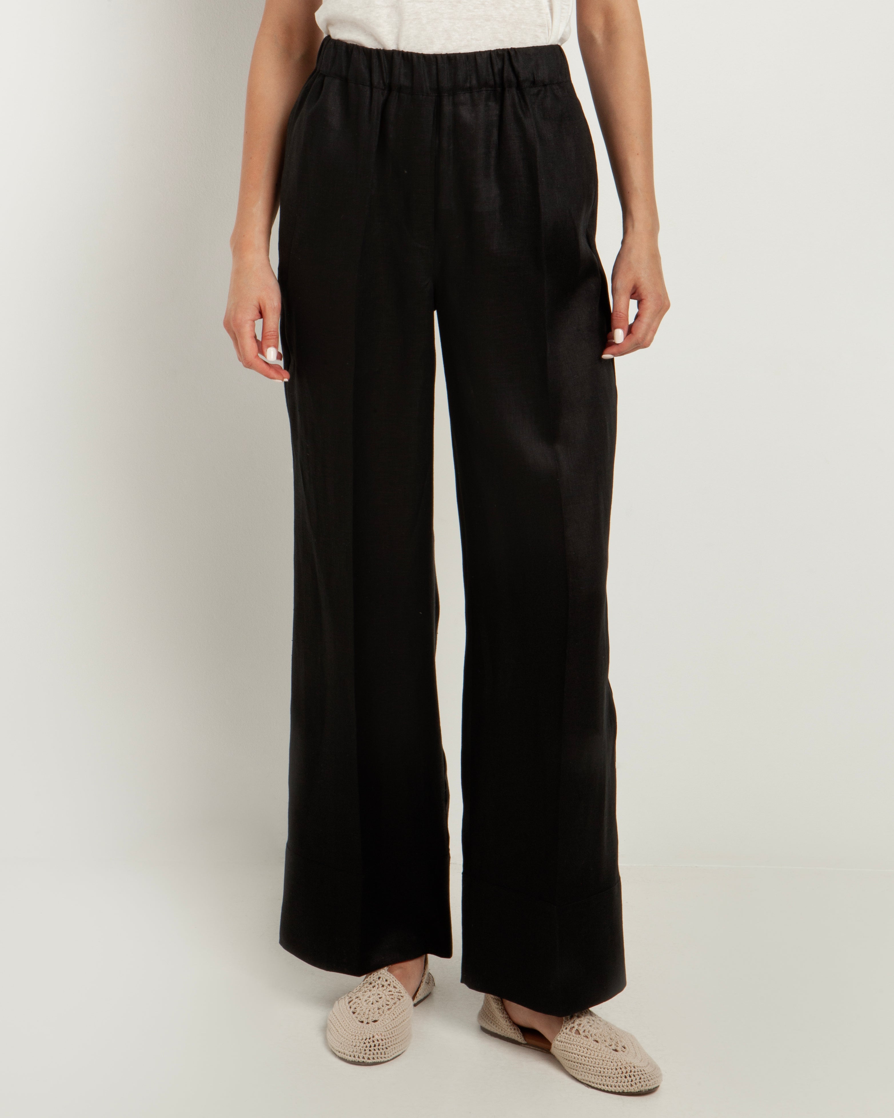 Greek Archaic Kori | trousers linen wide leg elastic waist - black