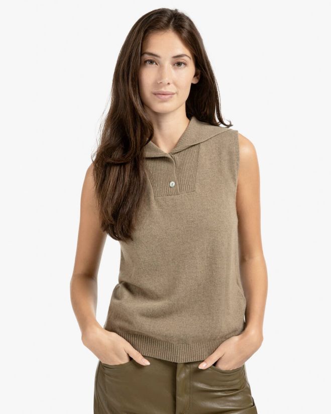 YAYA | Mouwloos gebreid topje met kraag en knoopsluiting - Capers Melange