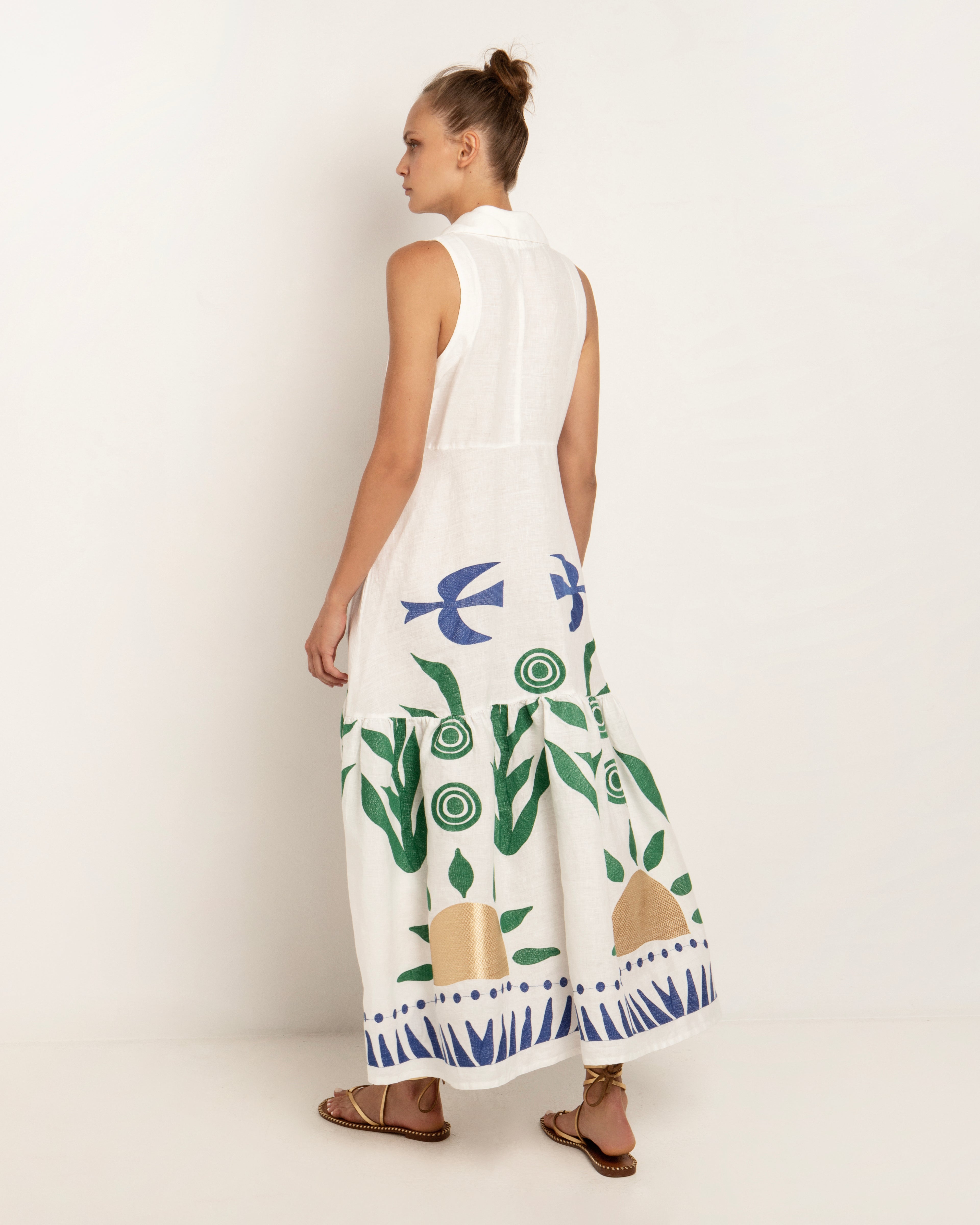 Greek Archaic Kori | dress long sun sleeveless colar white-green - 230618
