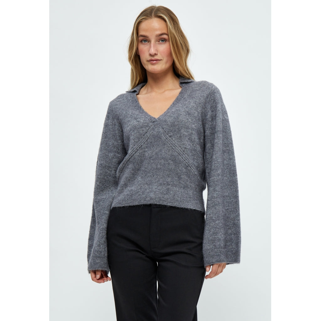 Peppercorn |  Delphine V-Neck Polo Knit Pullover NINE IRON GRAY MEL