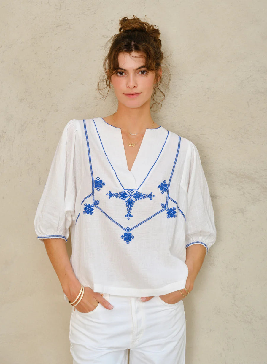 M.A.B.E | Vivien Top - Ivory/ Blue - 640259