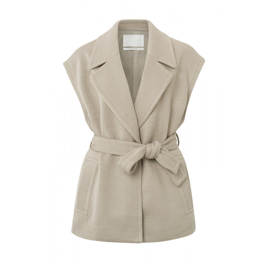 YAYA | sleeve less jacket with pockets belt and hering bone pattern PURE CASHMERE BROWN