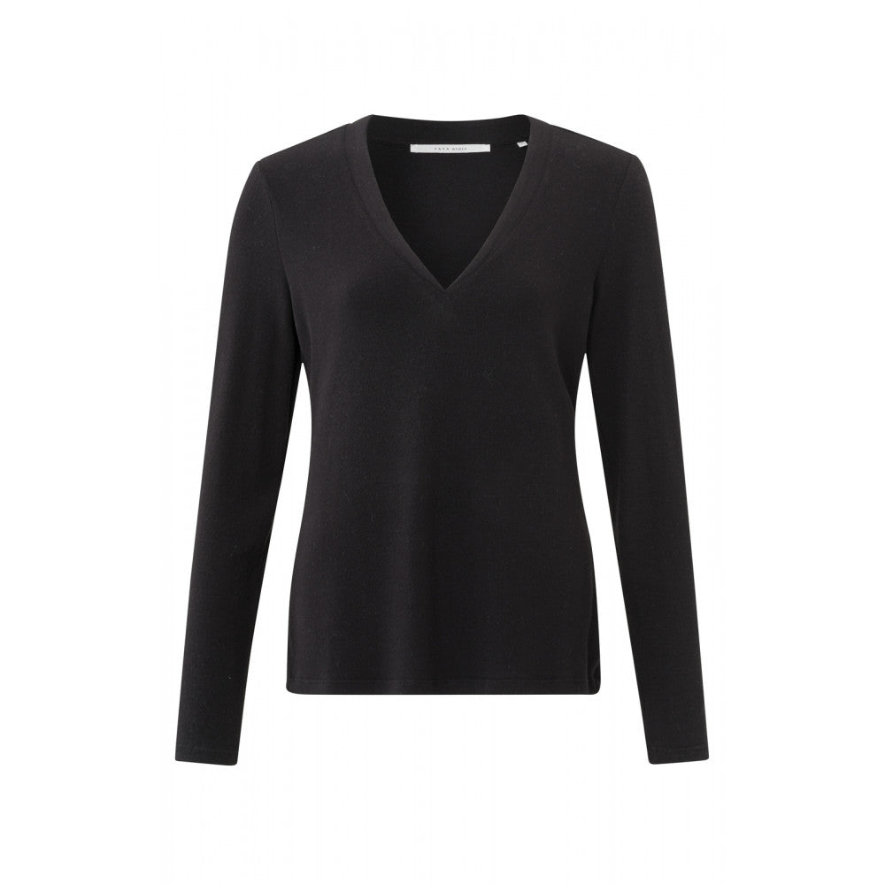 YAYA | soft t-shirt with V-neck andlong sleeves in a slim fit BLACK