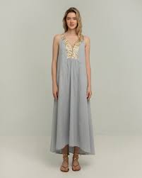 Greek Archaic Kori | dress maxi light grey gold - S25K-330422
