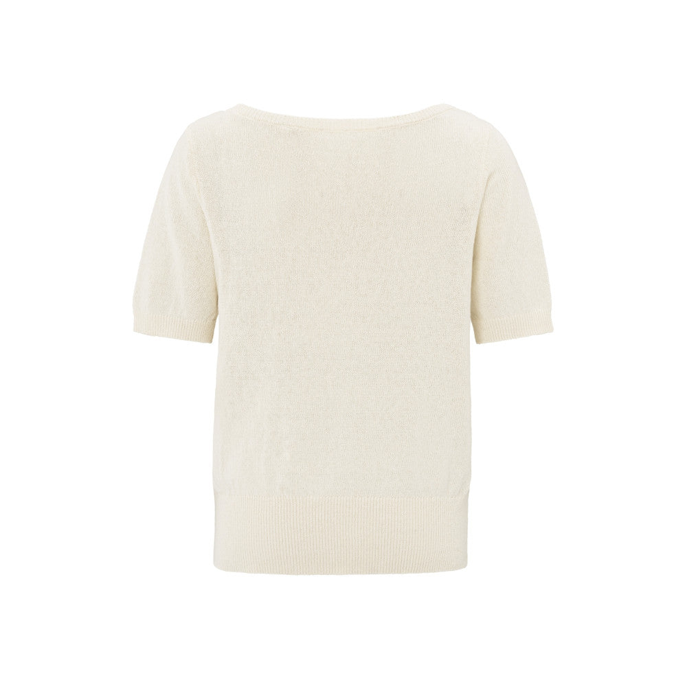 YAYA | Fijngebreide sweater met boothals en korte mouwen - nature melange - 01-000453-503
