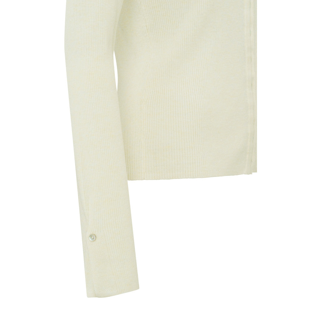 YAYA | Geribd vest met een ronde hals, lange mouwen en knoopjes - IVORY WHITE MELANGE - 01-010057-403