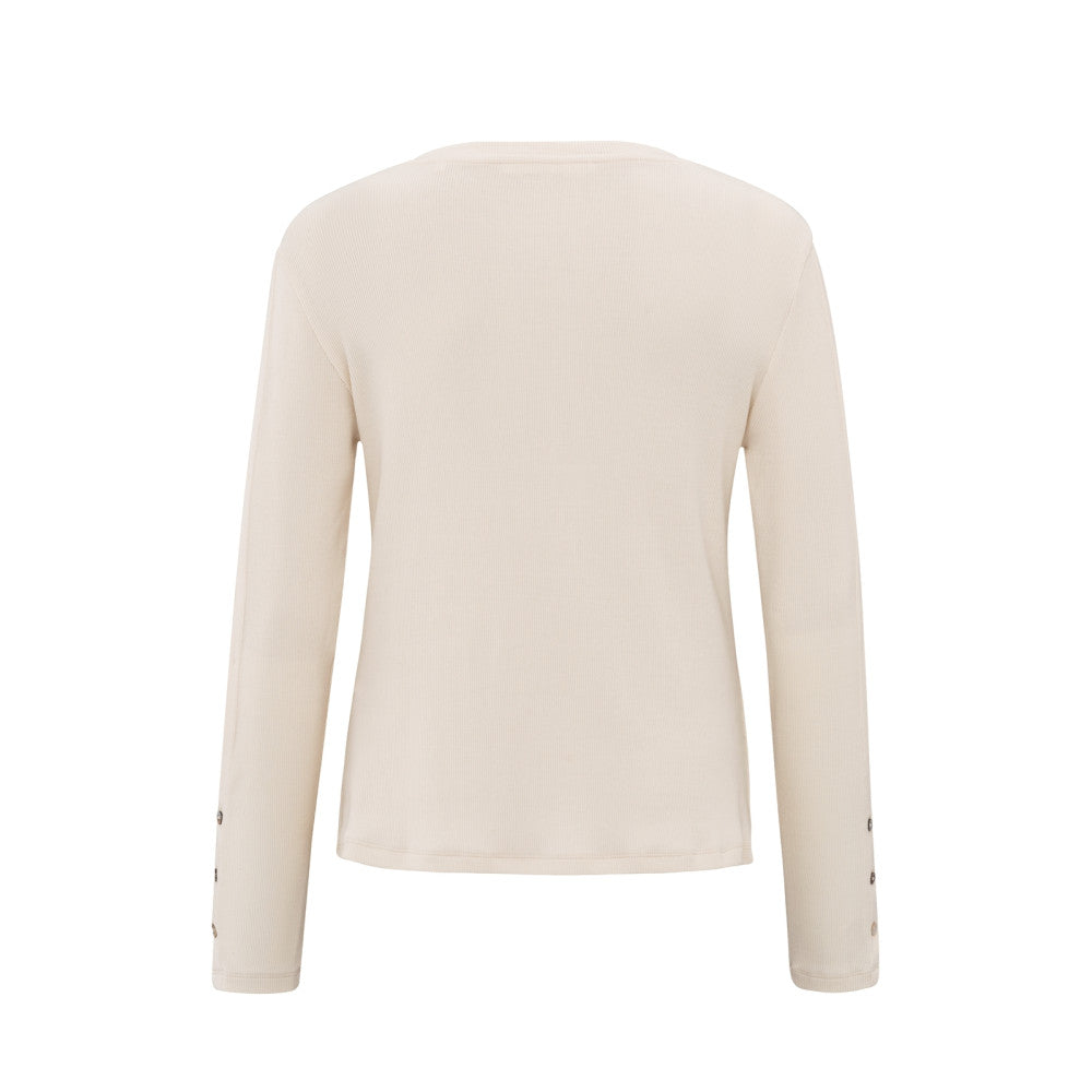 YAYA |  Geribde lange mouwentop met knoopdetails - off white knit - 01-709265503