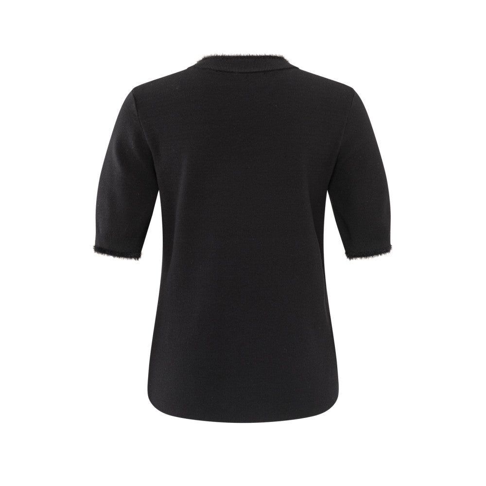 YAYA | Geribde top met korte mouwen en fluffy details - zwart - 01-000423-411