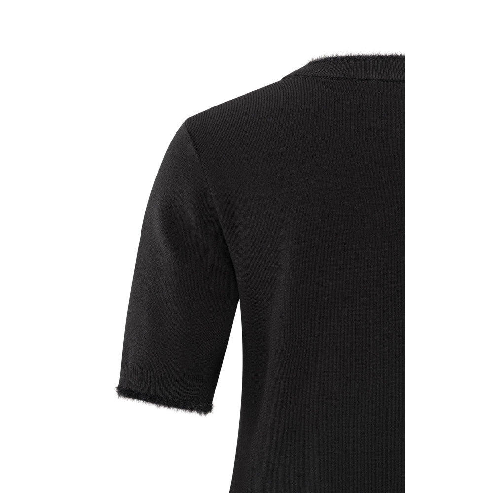 YAYA | Geribde top met korte mouwen en fluffy details - zwart - 01-000423-411