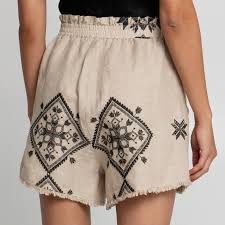 Greek Archaic Kori | shorts lefkada elastic waist fringes - beige black - S25K-210312