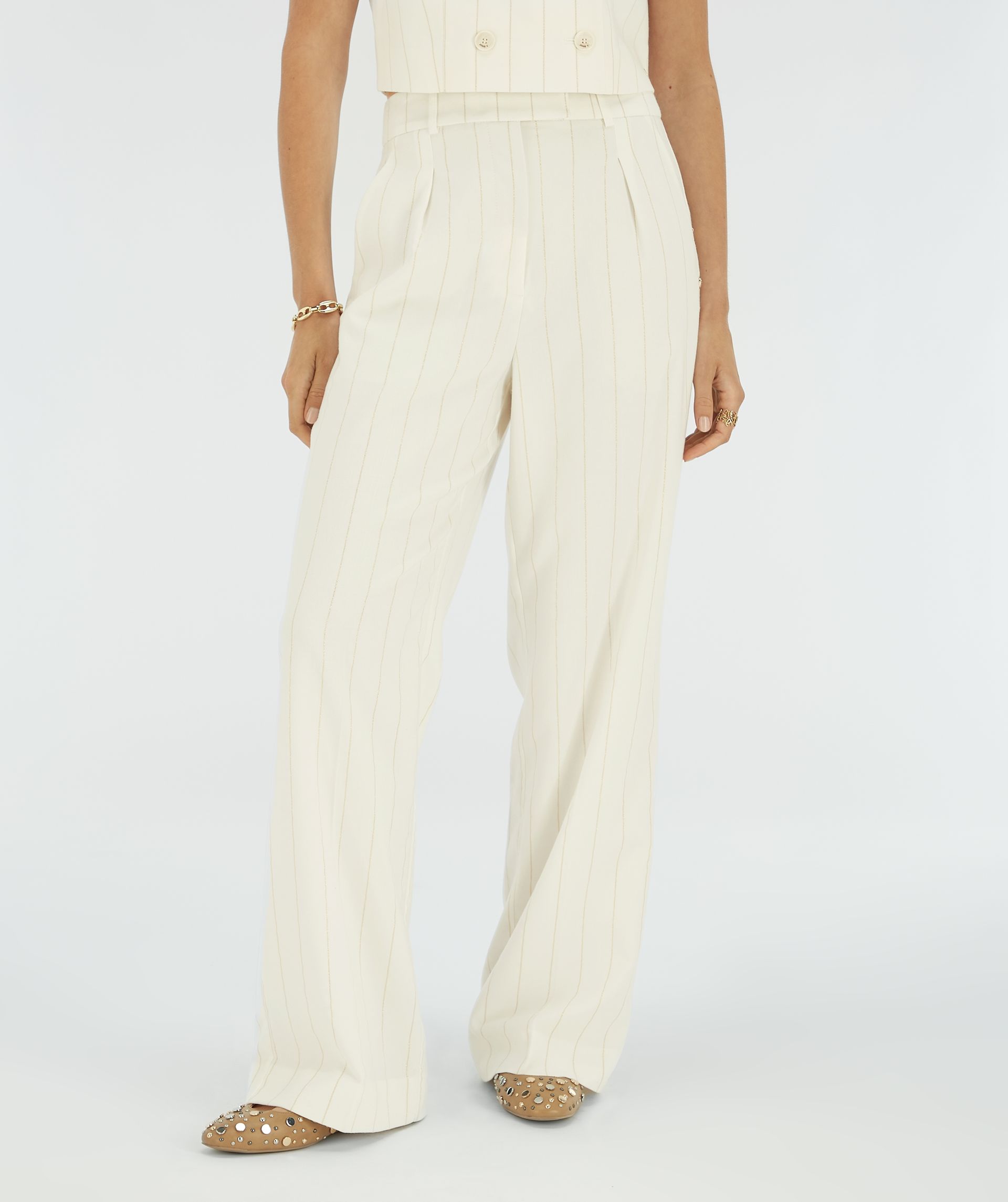 Josh V. | Mies  - high waisted wide leg pantalon met lurex - light ecru - JV-2506-0402