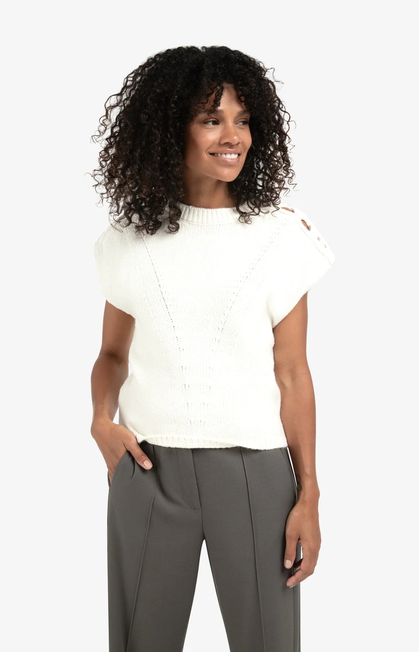 YAYA | Sleeveless Sweater Cable Details Wool White