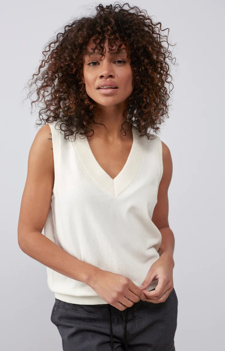 YAYA | Mouwloze trui met V-hals en geribde tailleband - Wool White - 01-000187-303
