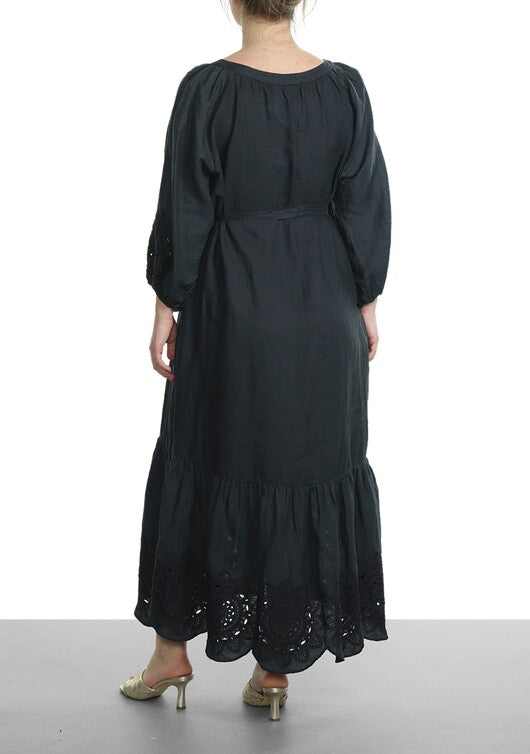 Greek Archaic Kori | Dress short cut daisy long sleeves - Charcoal/Black - 230308