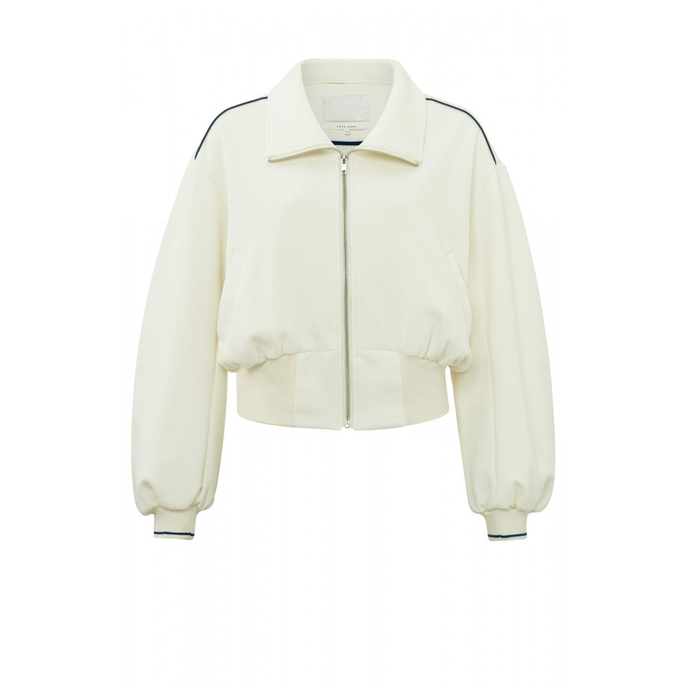 YAYA | Gecropte jersey jasje met kraag en lange ballonmouwen - white pepper beige - 01-519025-402