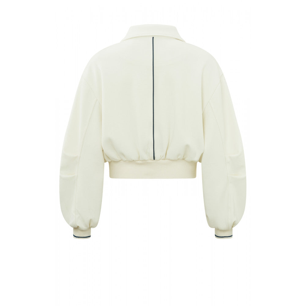 YAYA | Gecropte jersey jasje met kraag en lange ballonmouwen - white pepper beige - 01-519025-402