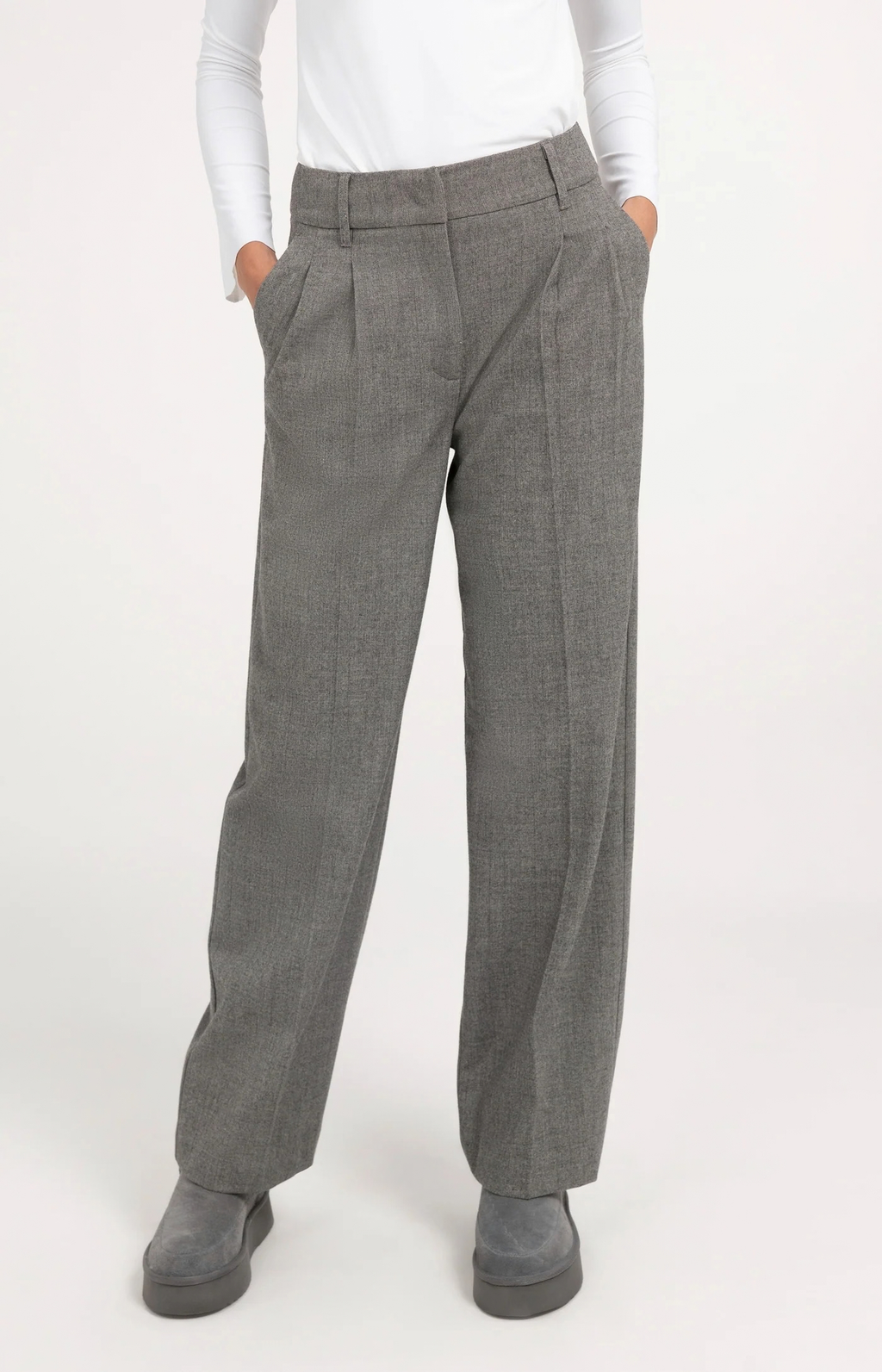 Yaya | Zachte geweven pantalon met wijde pijpen - Medium grey melange