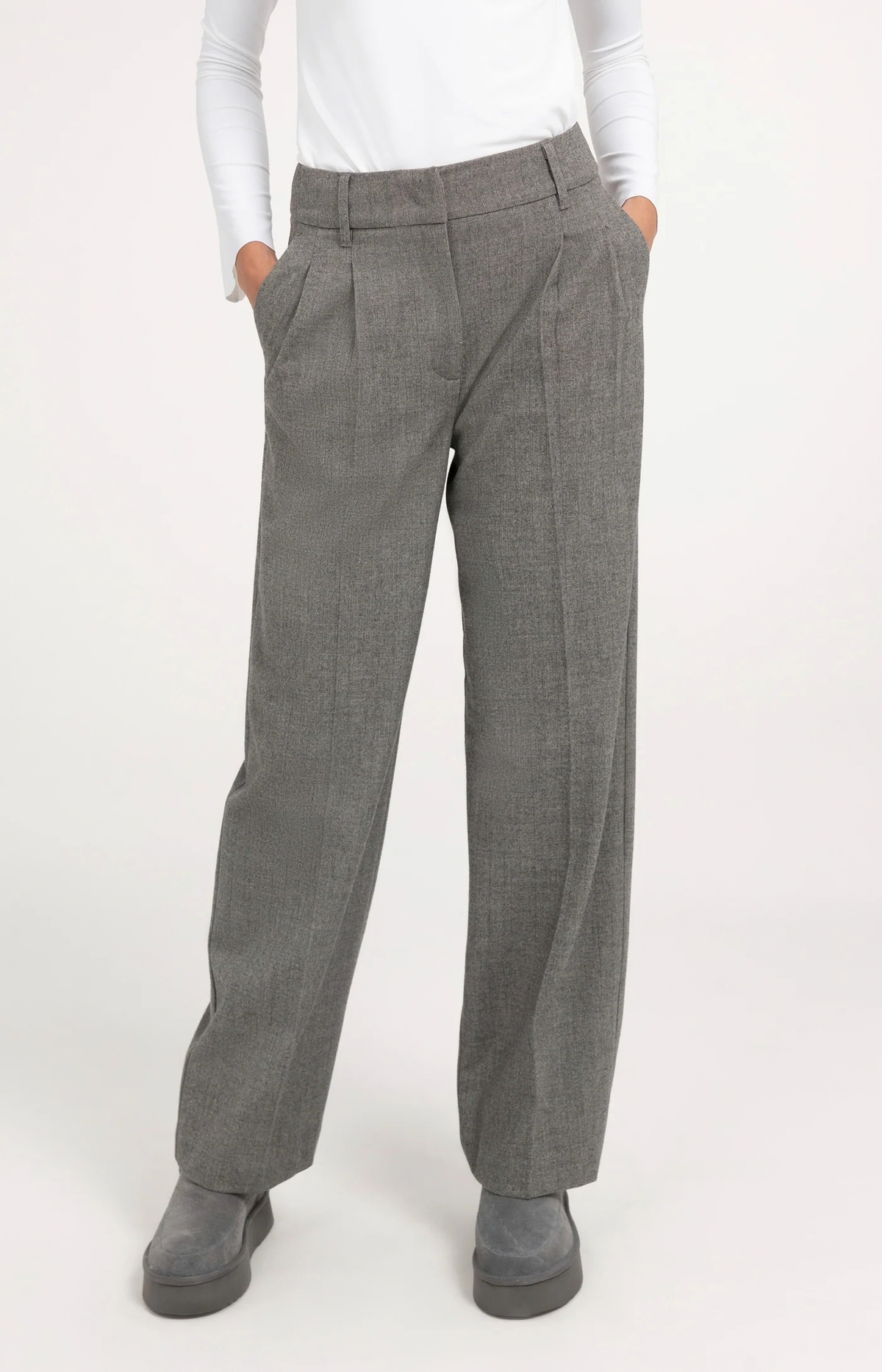 Yaya | Zachte geweven pantalon met wijde pijpen - Medium grey melange