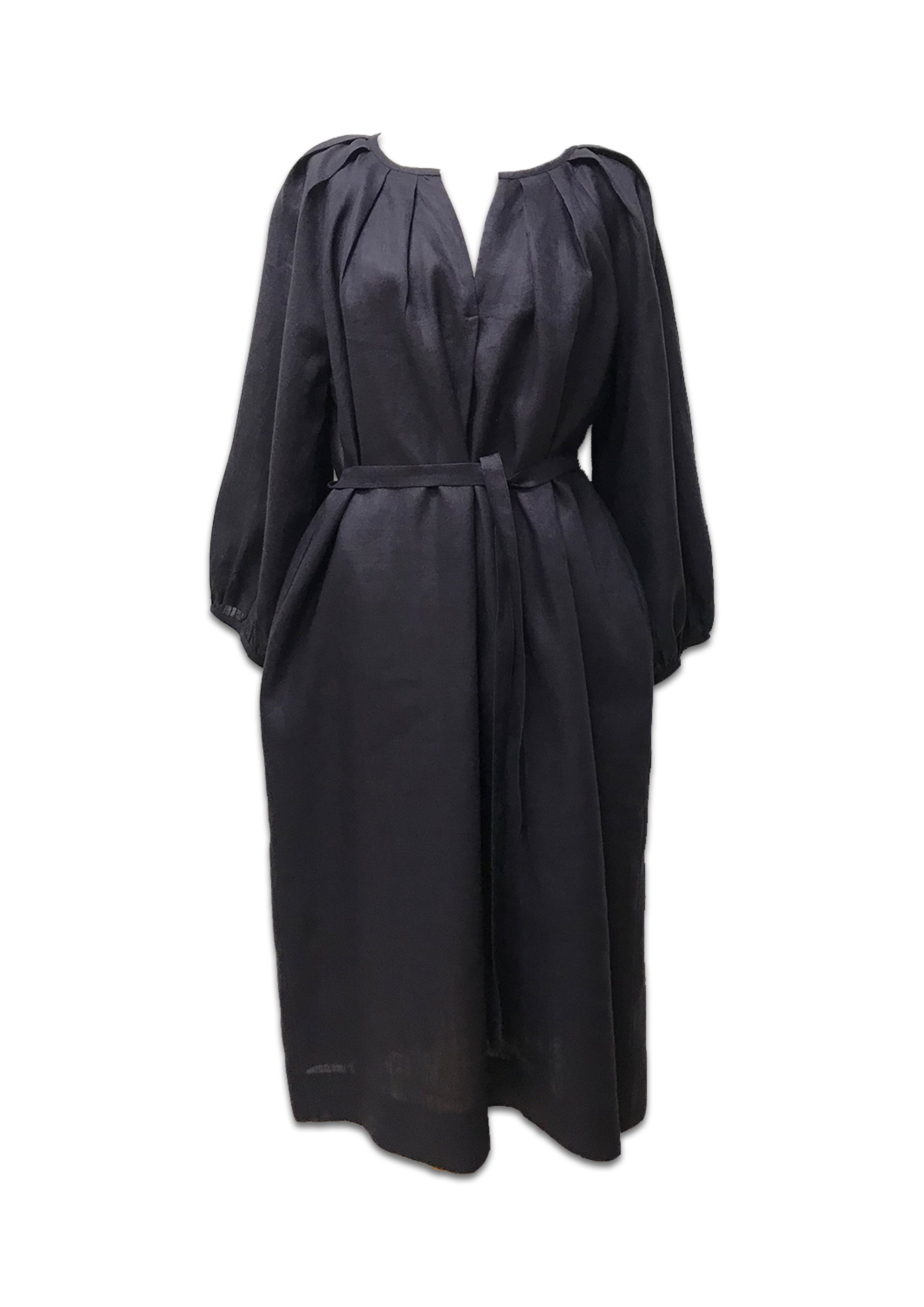 Greek Archaic Kori | dress linen pleates belt - plum - 130111