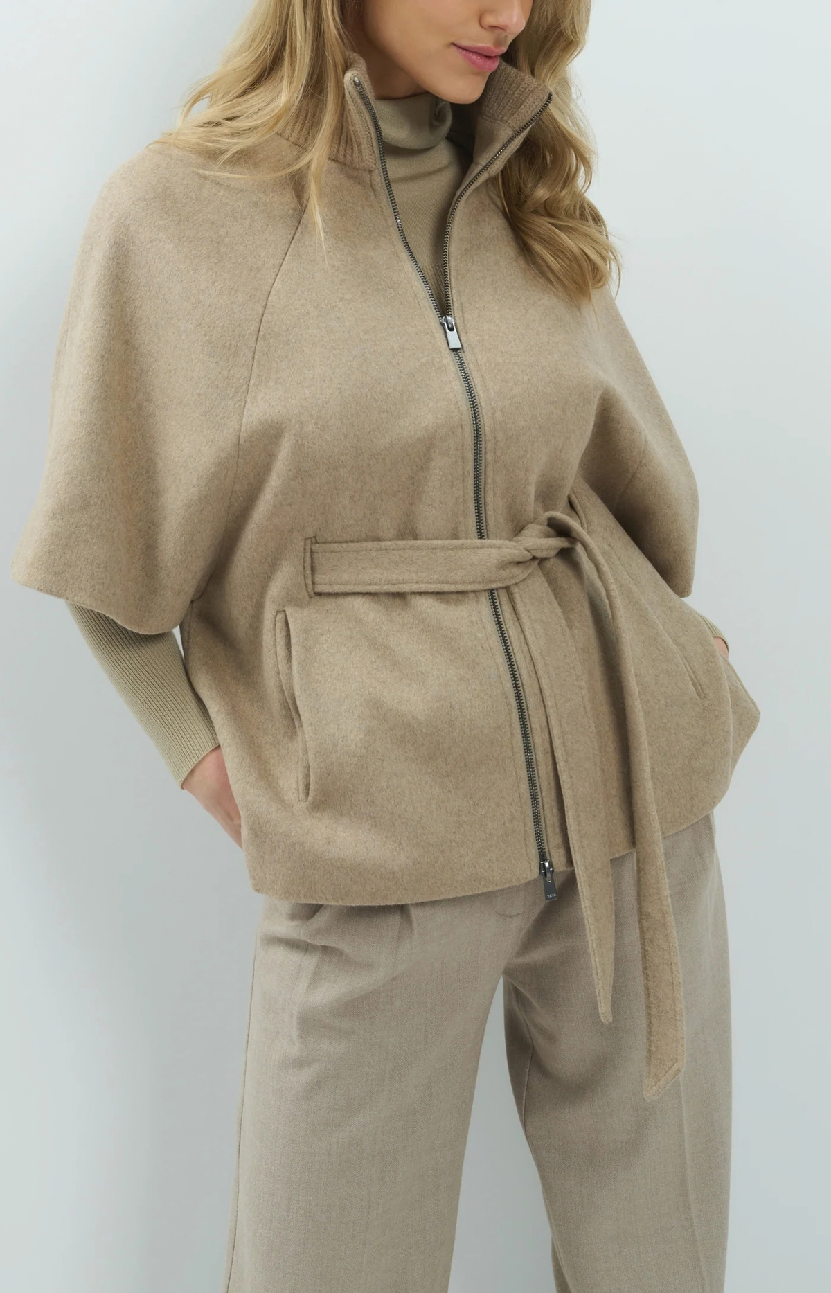Yaya | Ponchojas met ribkraag en ceintuur - Pure Cashmere Grey Melange