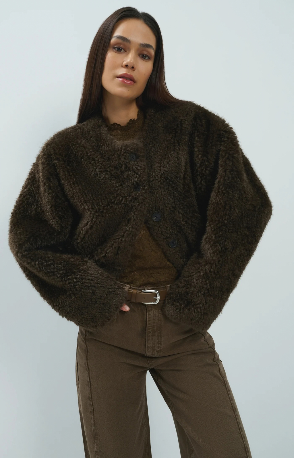 Yaya | Oversized korte jas van imitatiebont met knopen - Delicioso Brown