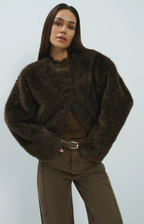 Yaya | Oversized korte jas van imitatiebont met knopen - Delicioso Brown