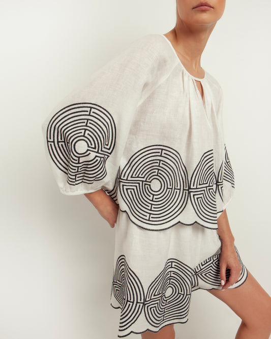 Greek Archaic Kori | blouse labyrinth back bow-tie - white/black - 240011