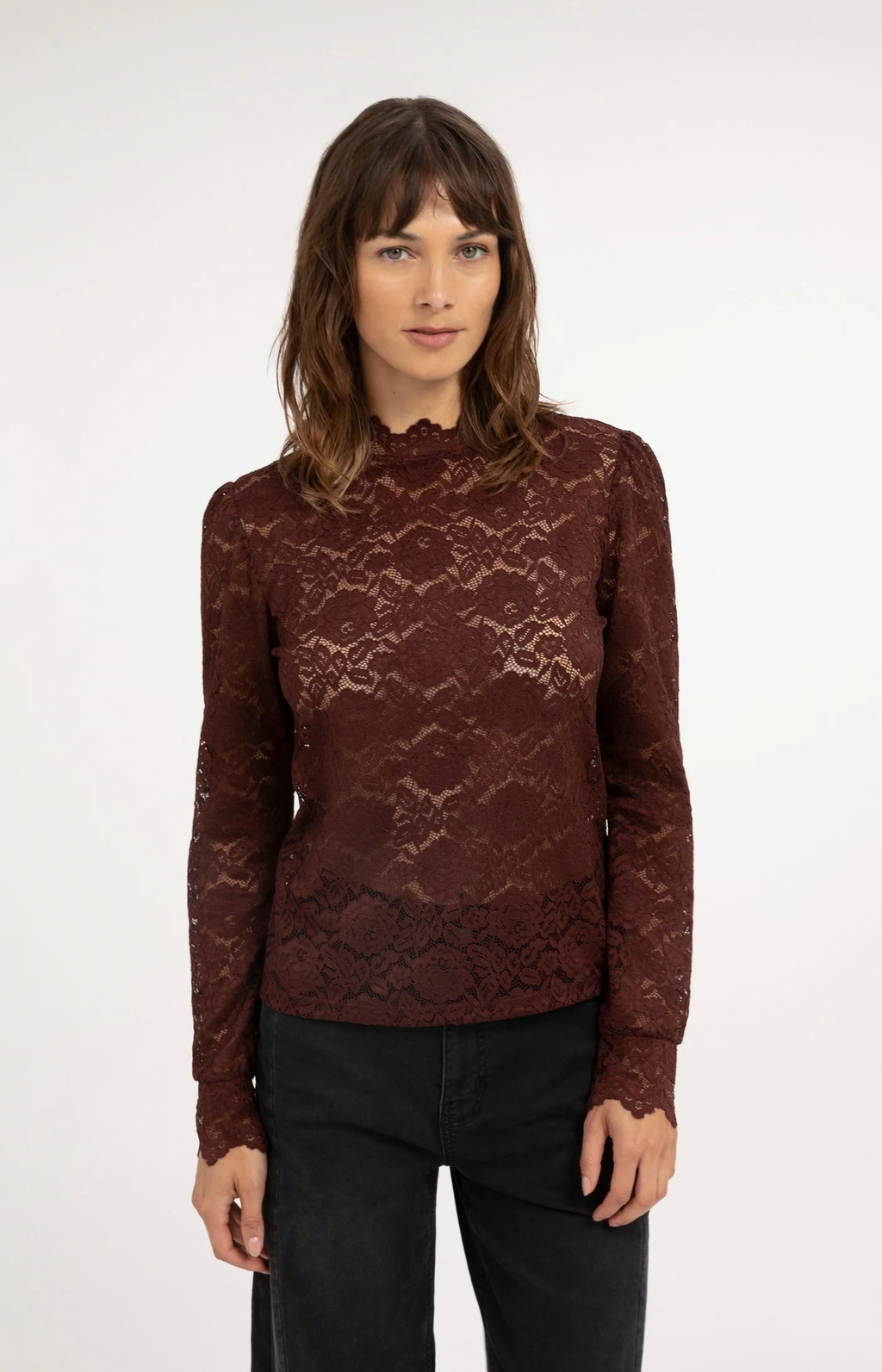 Yaya | Kanten top met hoge hals en lange mouwen - 3 kleuren