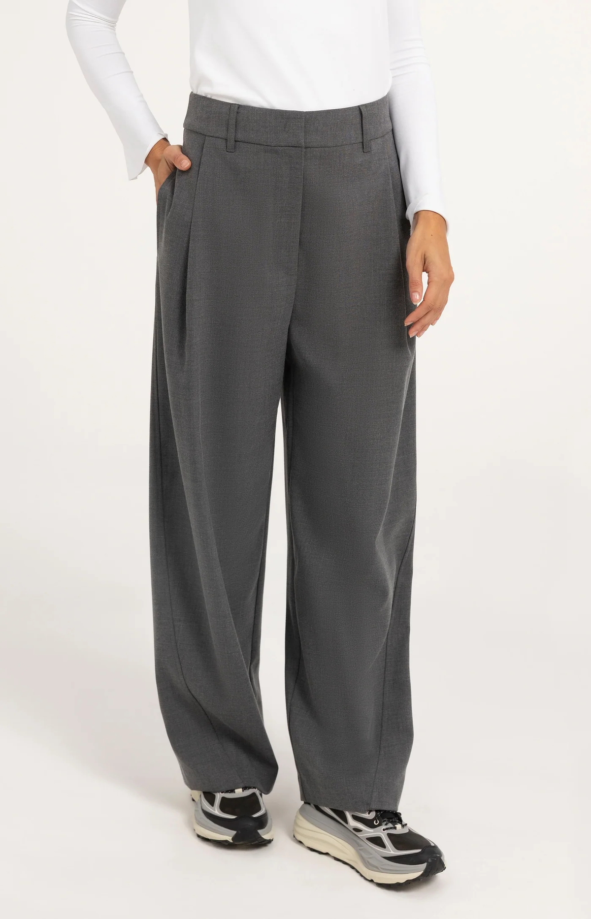 Yaya | Geweven broek met barrelpijpen en plooidetails - Medium Grey Melange