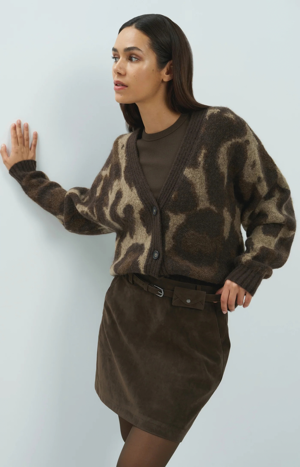 YAYA | Gebreid vest met patroon en vleermuismouwen - cacao brown dessin