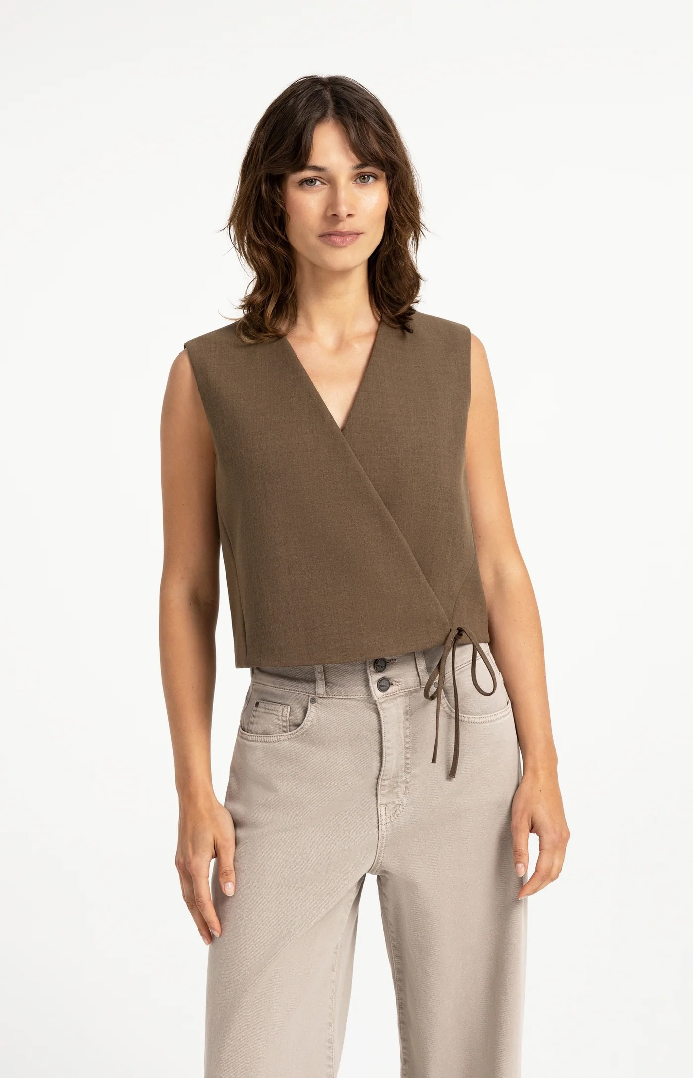 YAYA | Geweven gilet met overslag details en striksluiting - Teak Brown