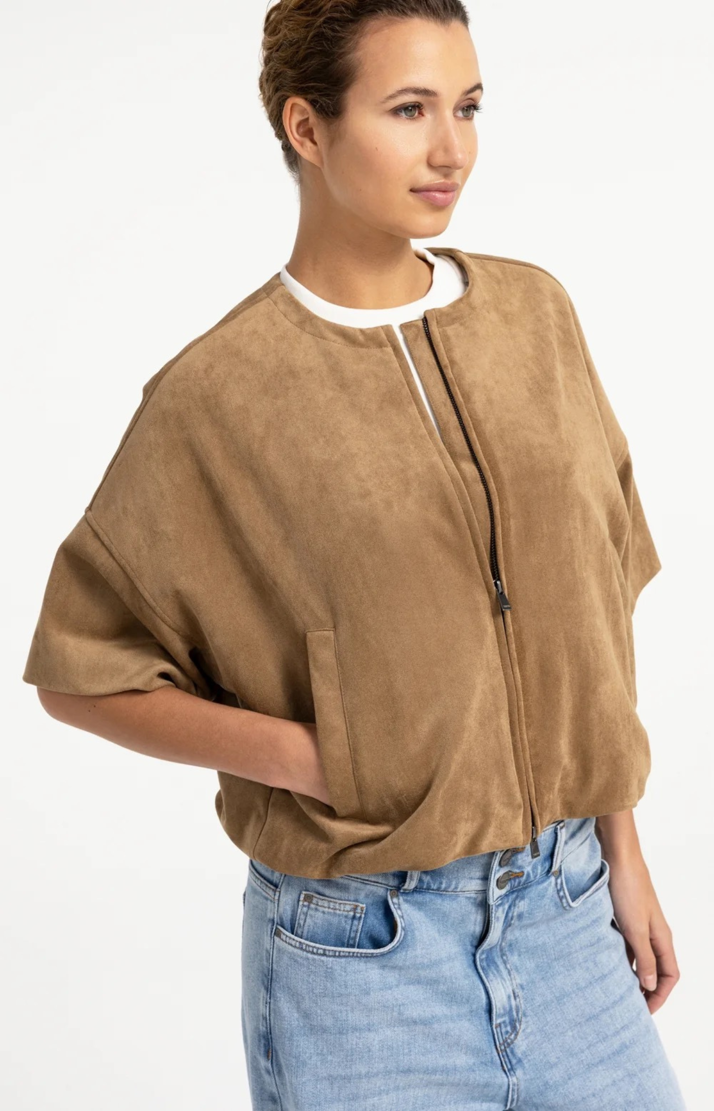 YAYA | Oversized suedine jasje met korte mouwen - Otter Brown