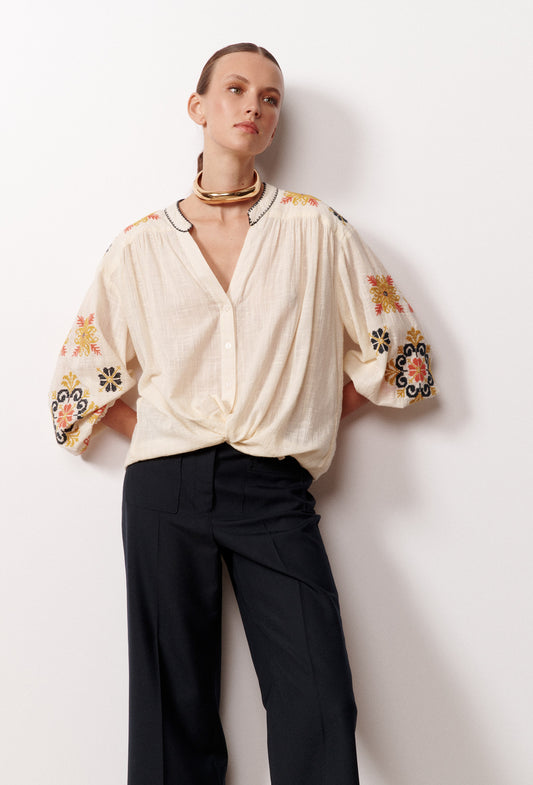 Stella Forest | geborduurde blouse Valentina - off-white orange black gold