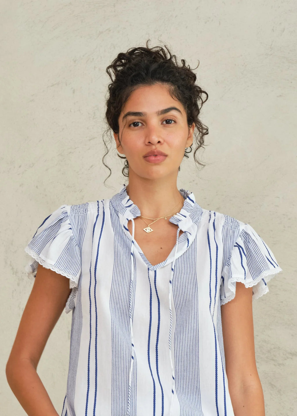 M.A.B.E. | Eleni Woven Frill Top - Blue Stripe