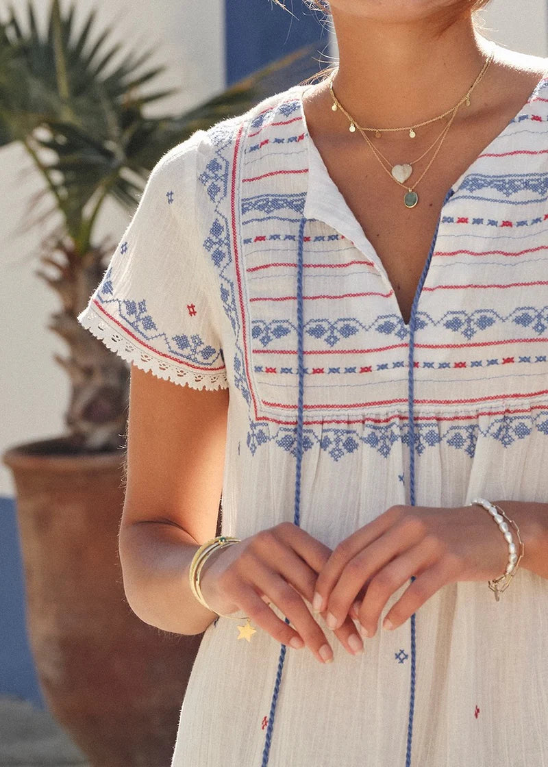 M.A.B.E. | Elsa Embroidered Cotton & Lace Trim Sundress Ecru/Multi