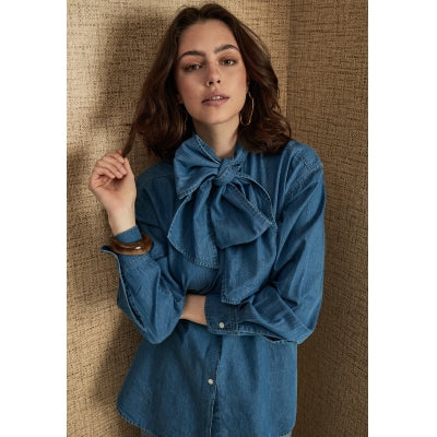 Peppercorn | Fernanda bow shirt - mid-blue denim - PC 8162