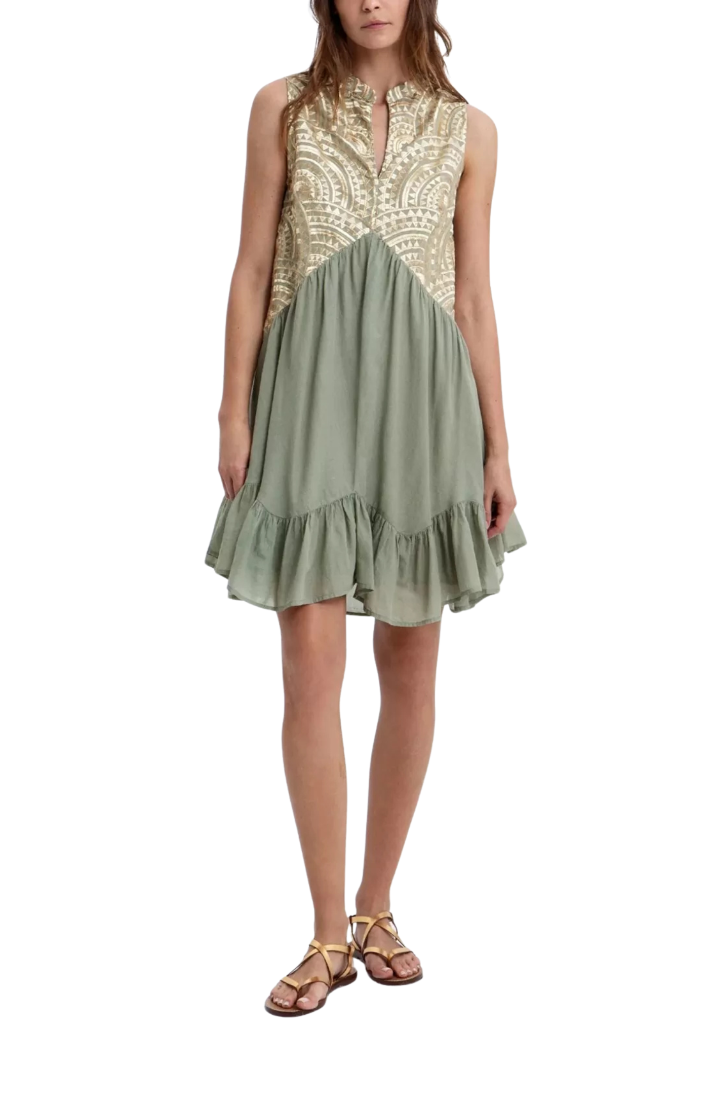 Greek Archaic Kori | Dress Short New Triangle Sleeveless Sage/Gold