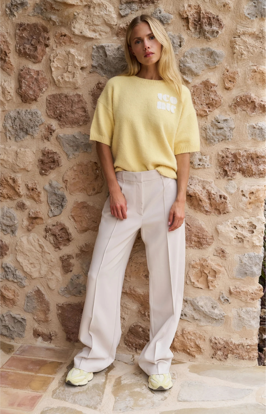YAYA | Geweven Broek Met Wijde Pijpen En Stiksels Beige