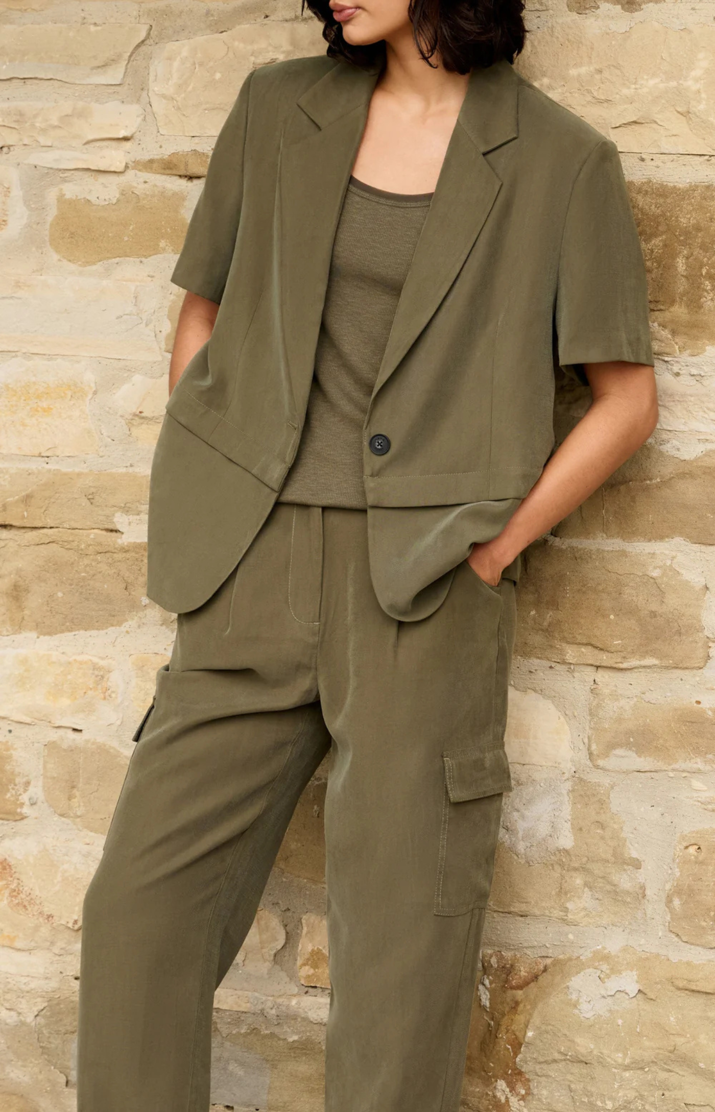 YAYA | Gewezen Blazer Met Korte Mouwen En Afritsbare Zoom Army Green