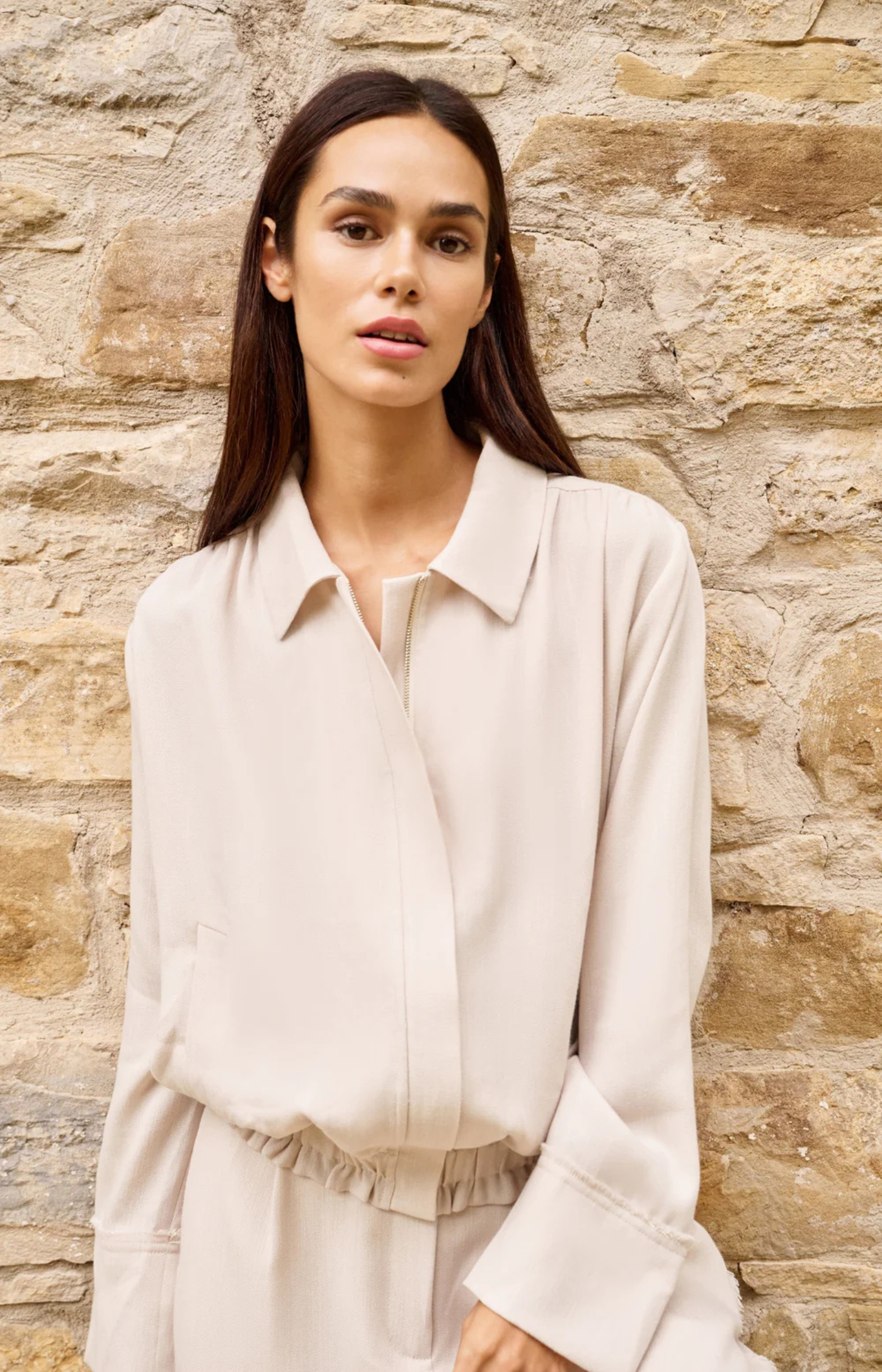 Yaya | Linnen Blousejack met Kraag en Elastische Zoom Cloud Creme White