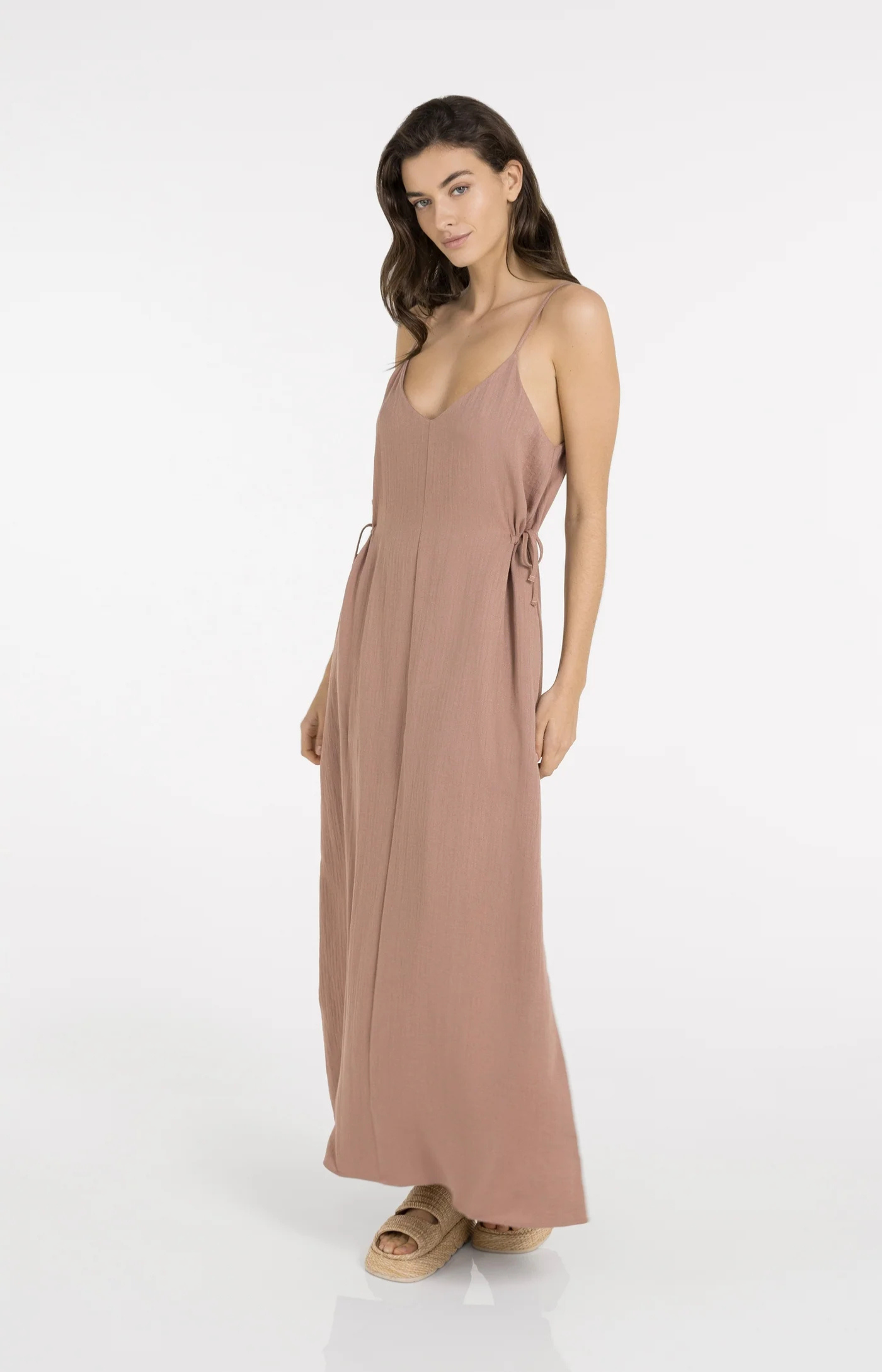 Yaya | Lange Jurk met Spaghettibandjes en Strikdetail Burlwood Pink