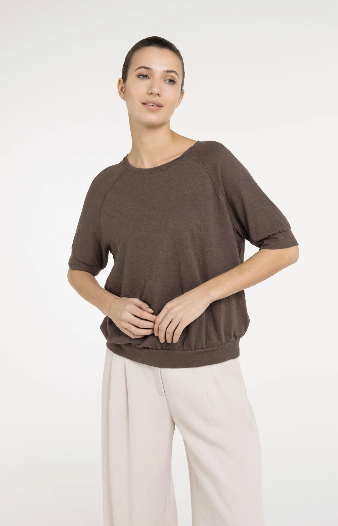Yaya | Jersey Top met Gebriede Structuur Chocolate Martini Brown