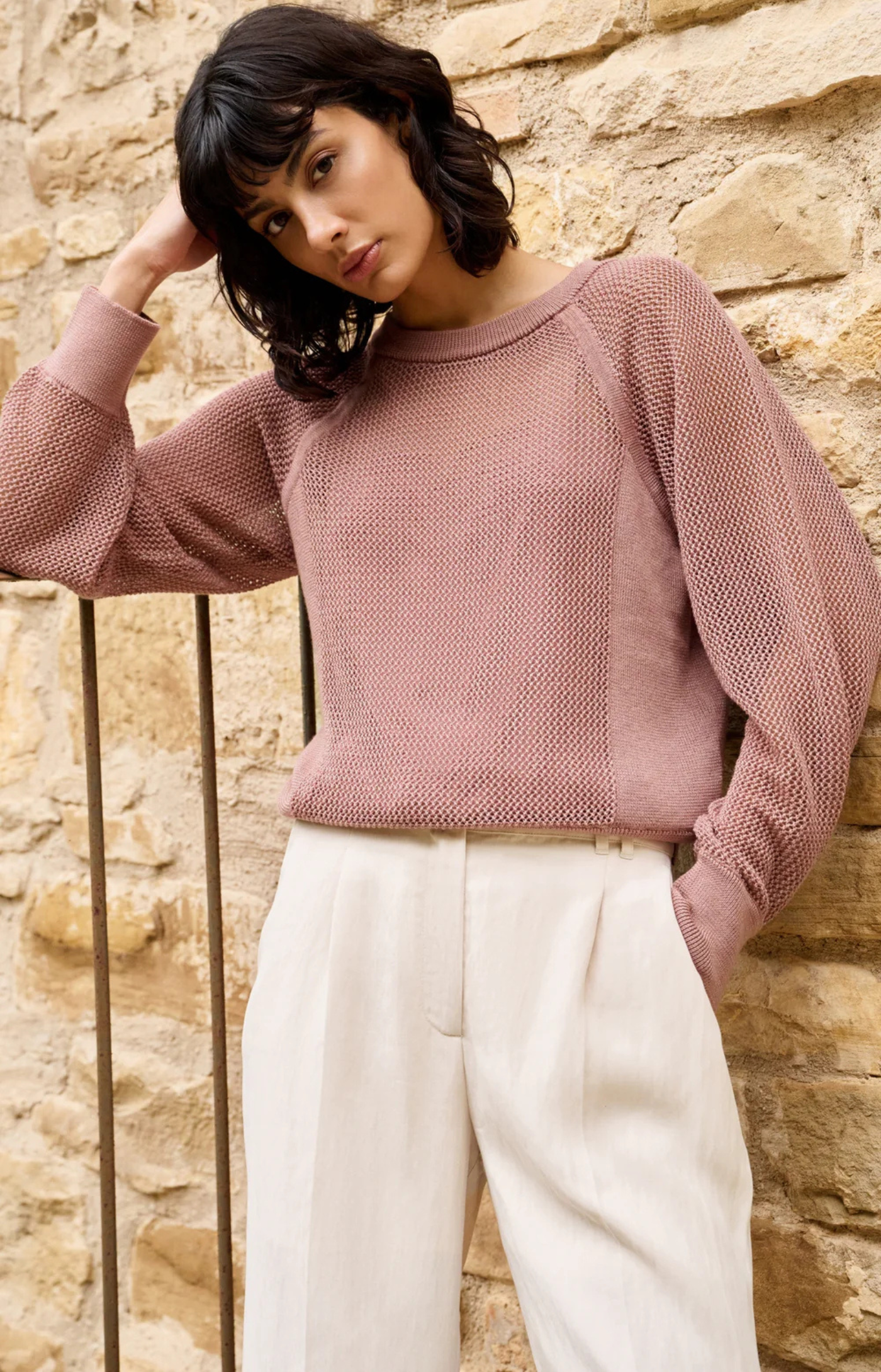 Yaya | Trui met Meshstructuur en Raglanmouwen Burlwood Pink