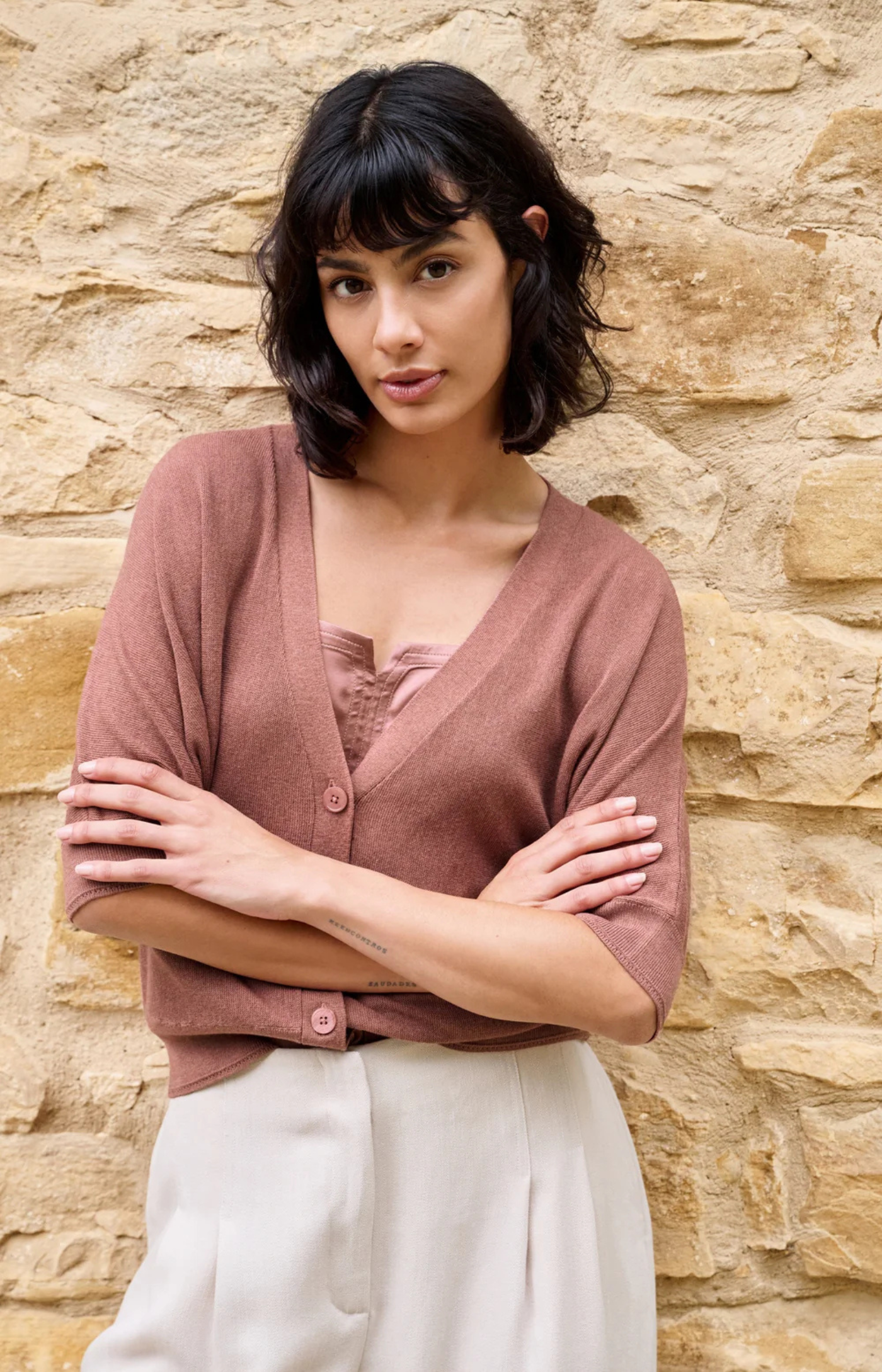 Yaya | Vest met Korte Vleermuismouwen en Knoopsluiting Burlwood Pink Melange