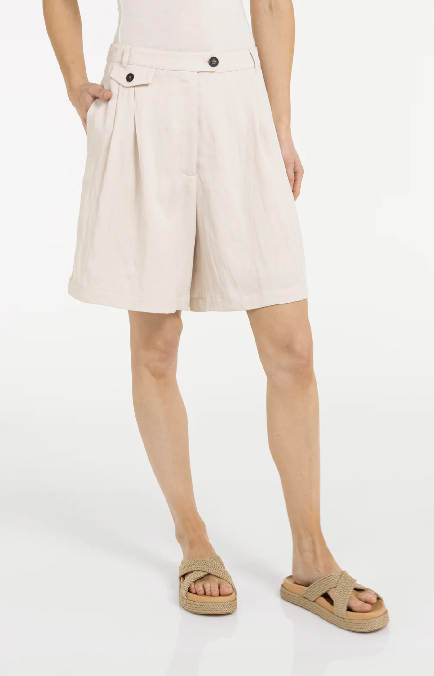 Yaya | Geweven Bermudashort met Langere Lengte Cloud Creme White