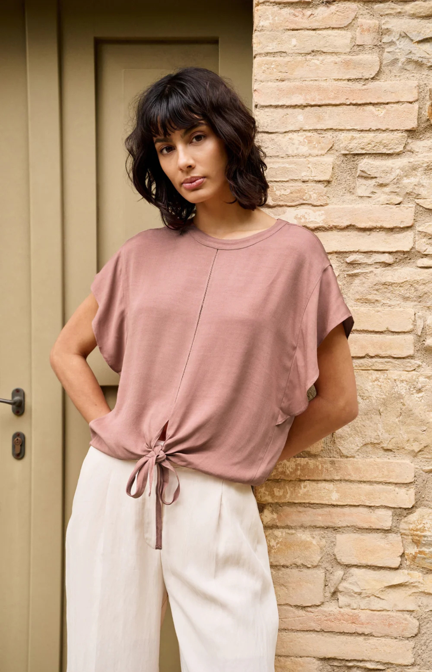 Yaya | Top met Knoopdetail en Elastische Zoom Burlwood Pink