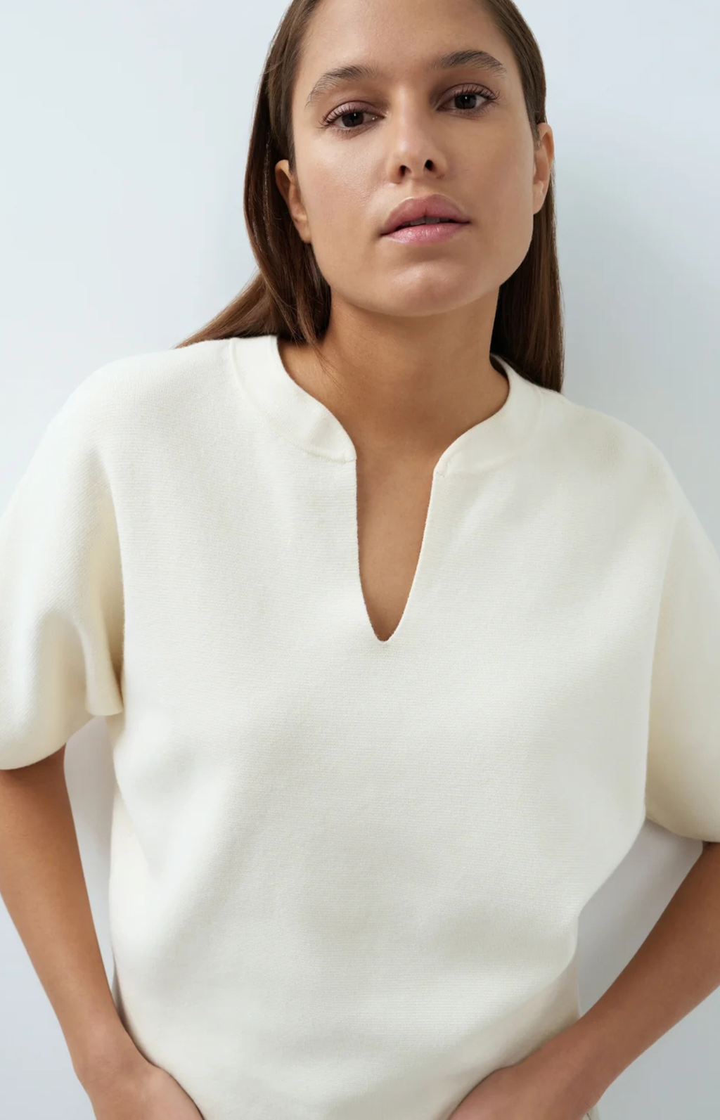 YAYA | Gebreide Top met Bomberkraag en Korte Mouwen Off White