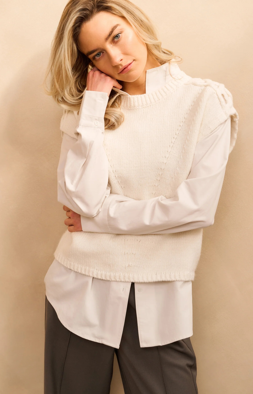YAYA | Sleeveless Sweater Cable Details Wool White